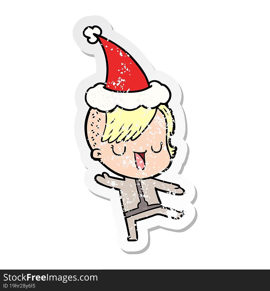 cute distressed sticker cartoon of a girl with hipster haircut wearing santa hat