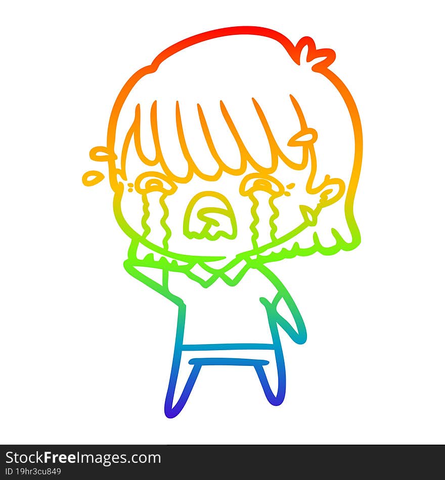 rainbow gradient line drawing of a cartoon girl crying