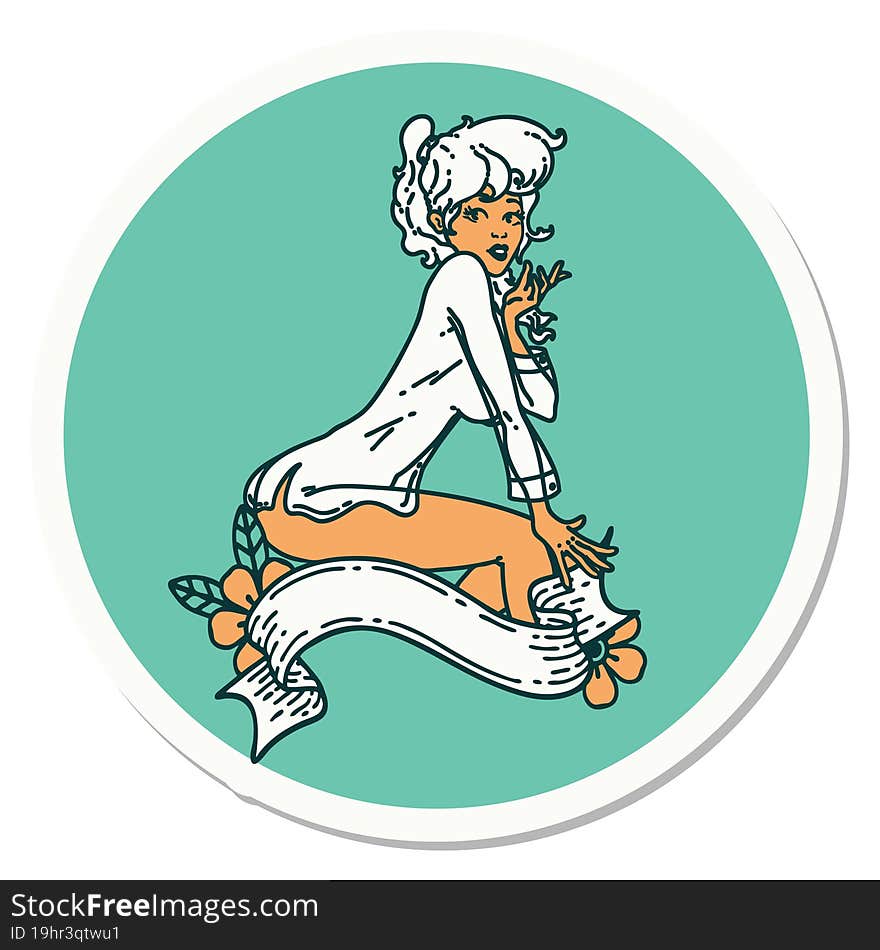 Tattoo Style Sticker Of A Pinup Girl Wearing A Shirt With Banner