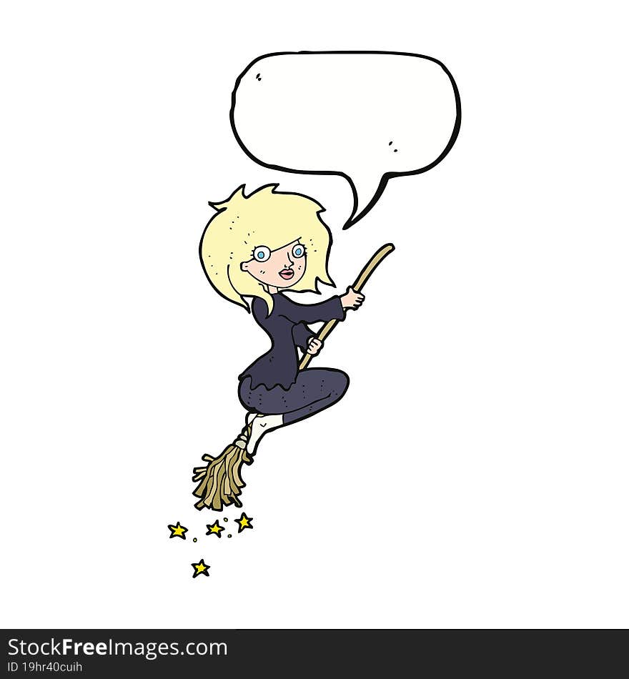 cartoon witch riding broomstick with speech bubble