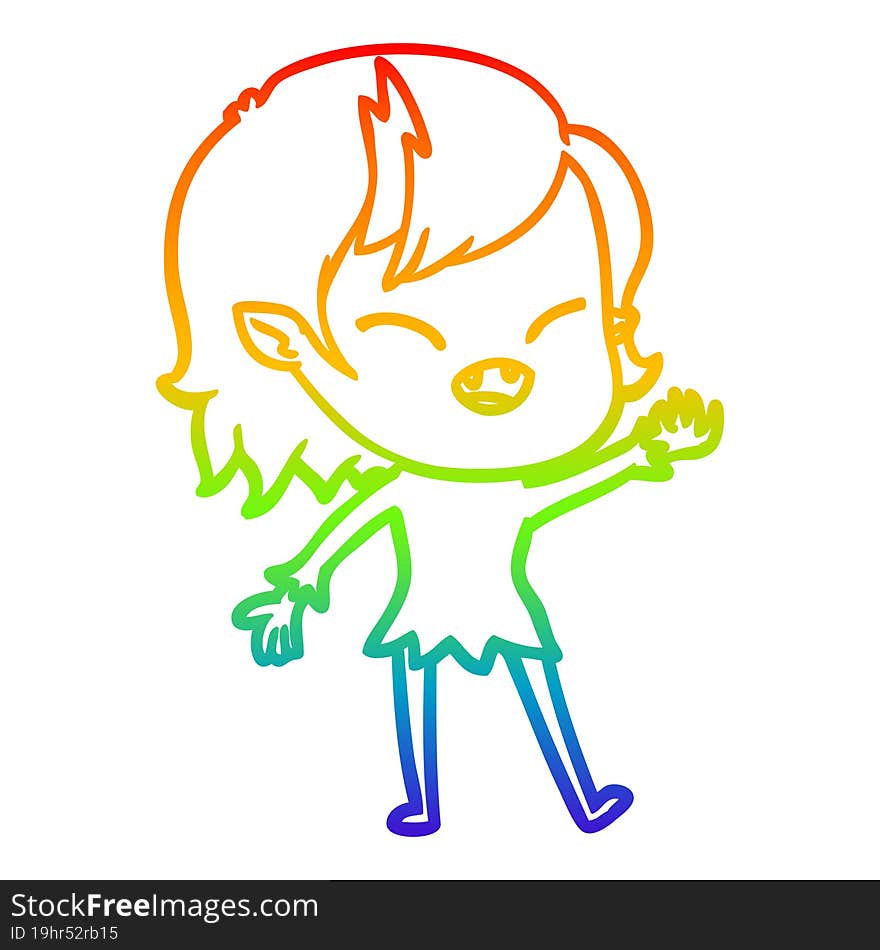 rainbow gradient line drawing of a cartoon laughing vampire girl