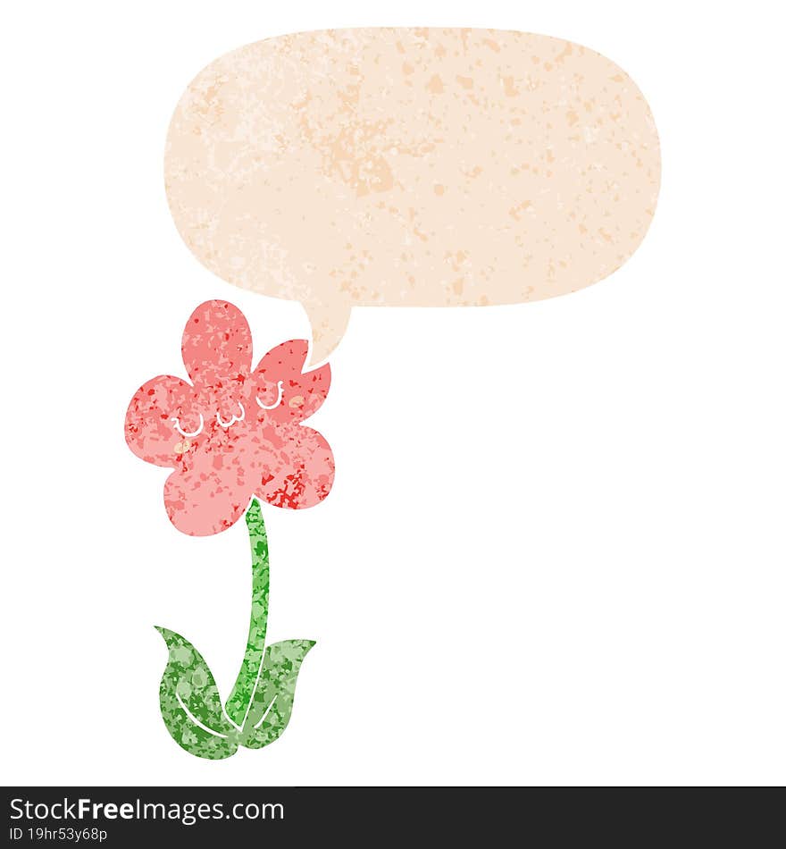 cartoon flower and speech bubble in retro textured style