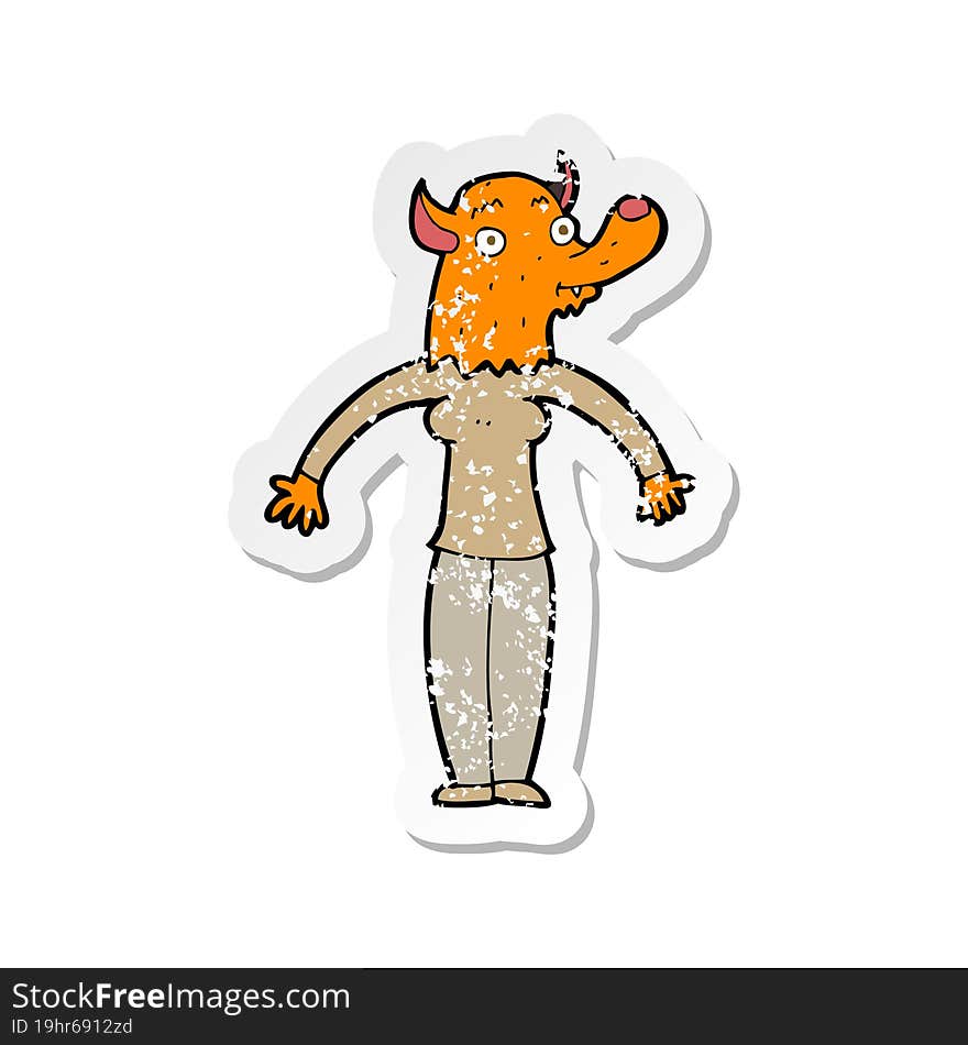 retro distressed sticker of a cartoon friendly fox woman