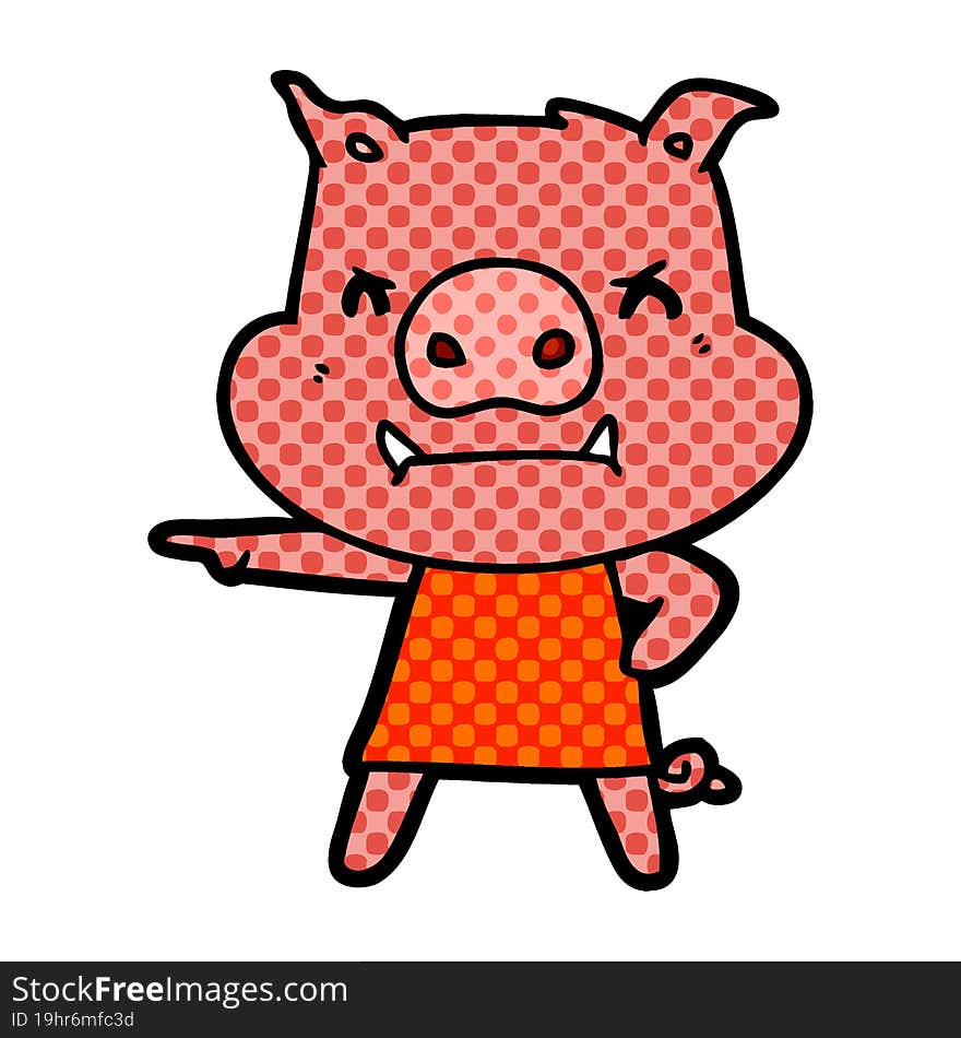 angry cartoon pig in dress pointing. angry cartoon pig in dress pointing