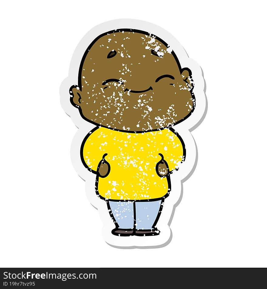 Distressed Sticker Of A Cartoon Happy Bald Man