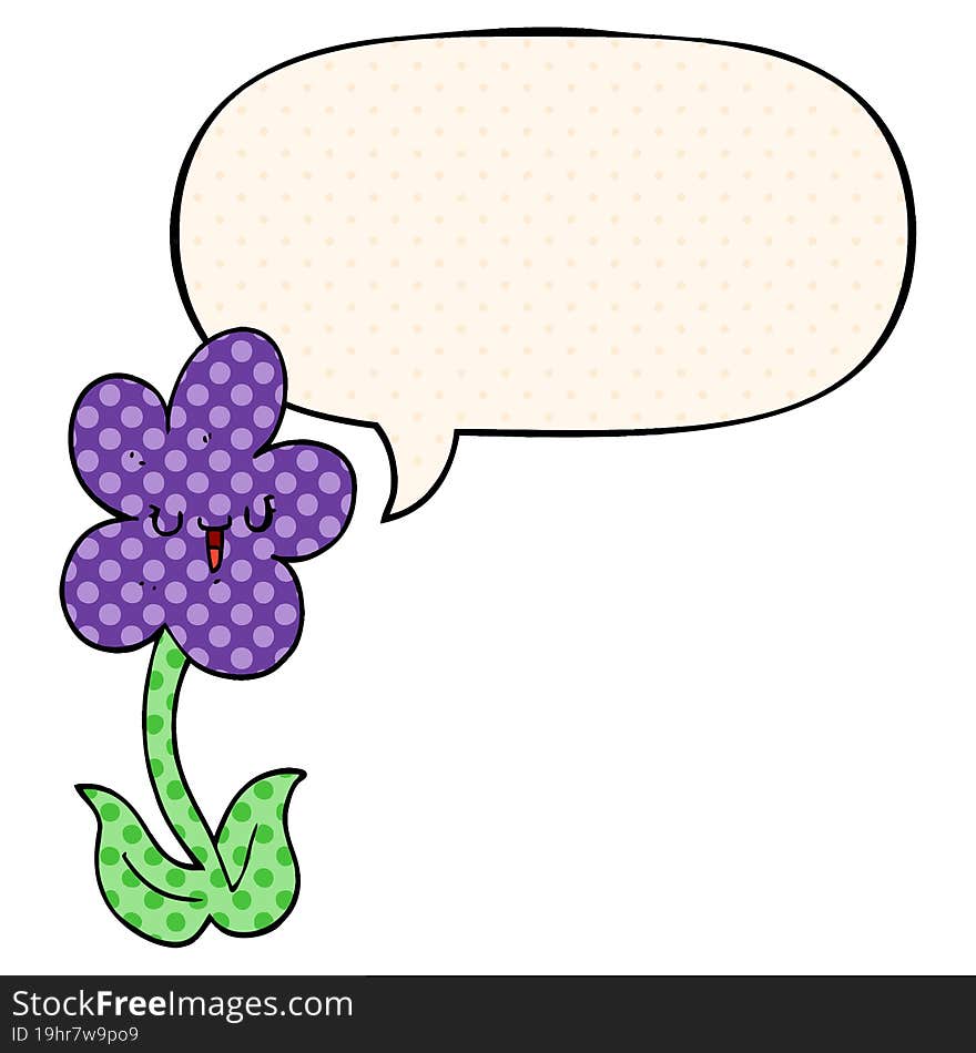 cartoon flower and happy face and speech bubble in comic book style