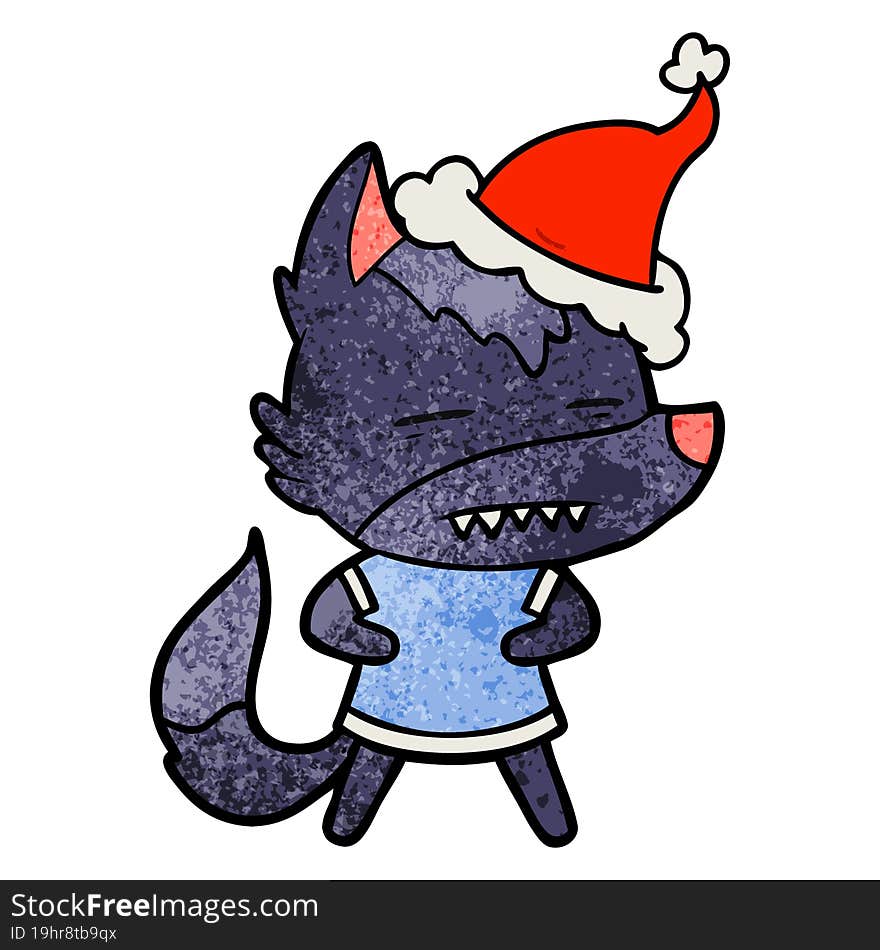 hand drawn textured cartoon of a wolf showing teeth wearing santa hat