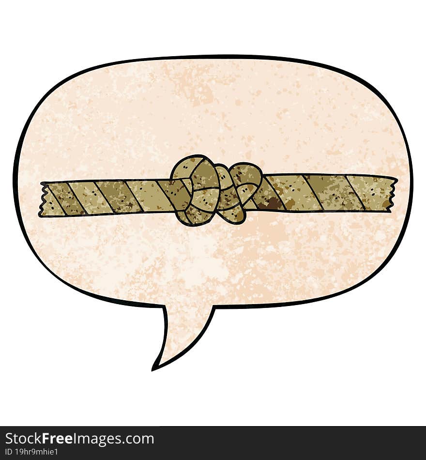 cartoon knotted rope and speech bubble in retro texture style