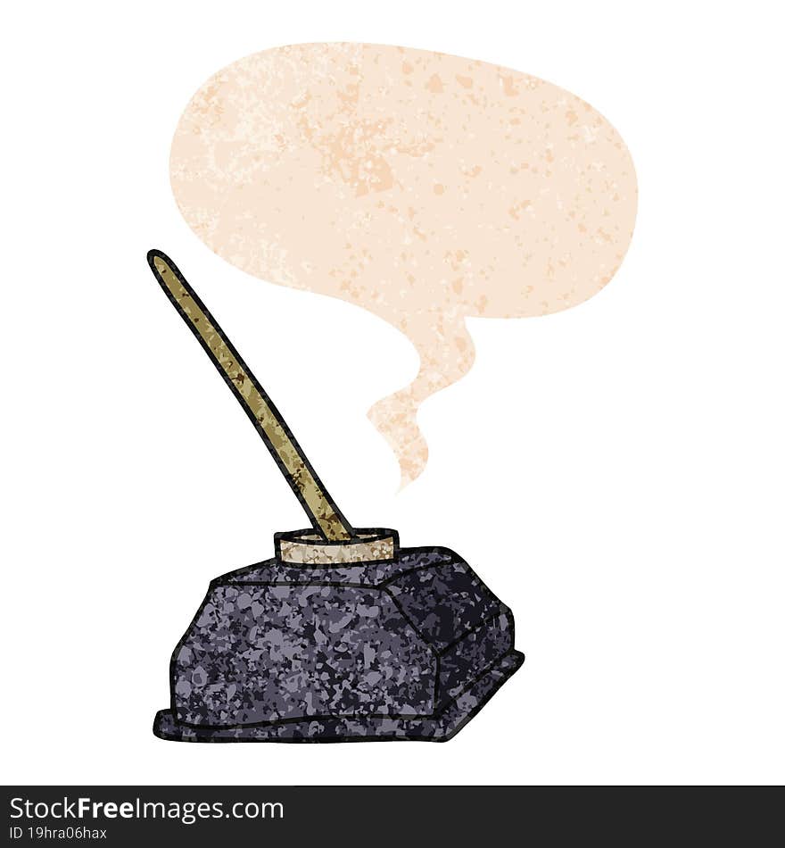 Cartoon Old Ink Pot And Pen And Speech Bubble In Retro Textured Style