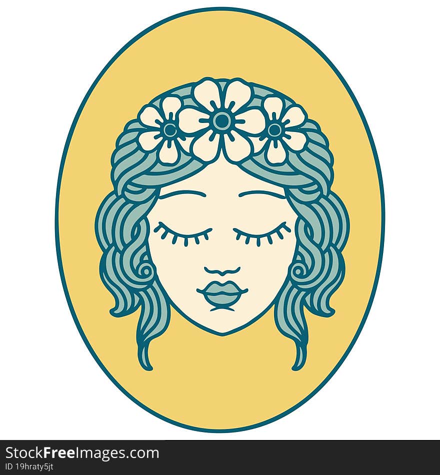 tattoo style icon of a maiden with eyes closed