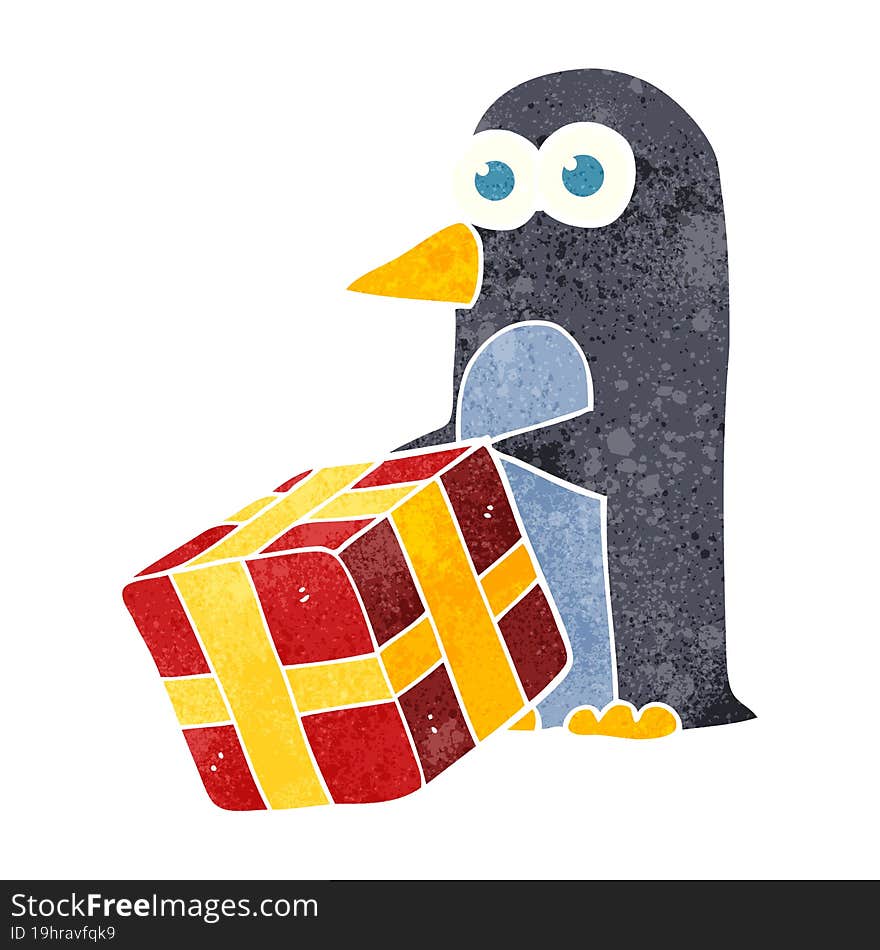 Retro Cartoon Penguin With Christmas Present