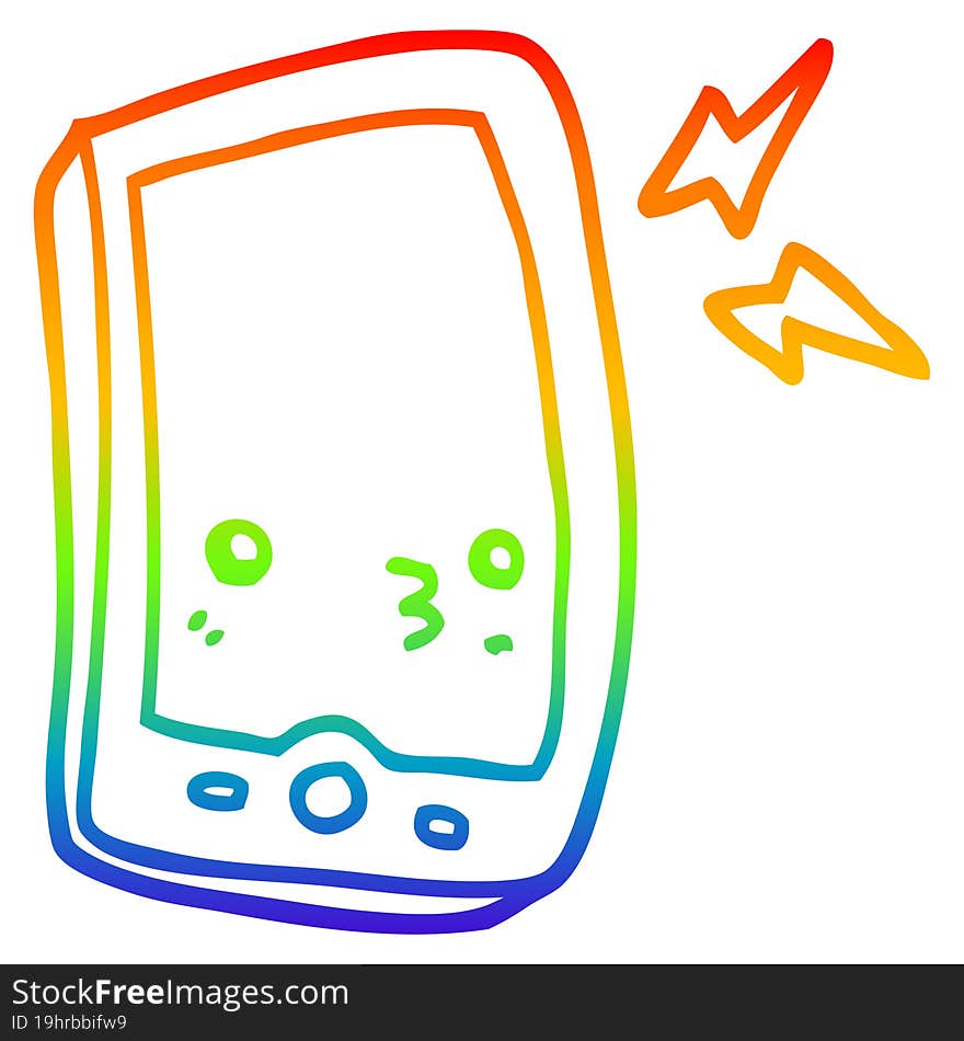 rainbow gradient line drawing of a cartoon mobile phone