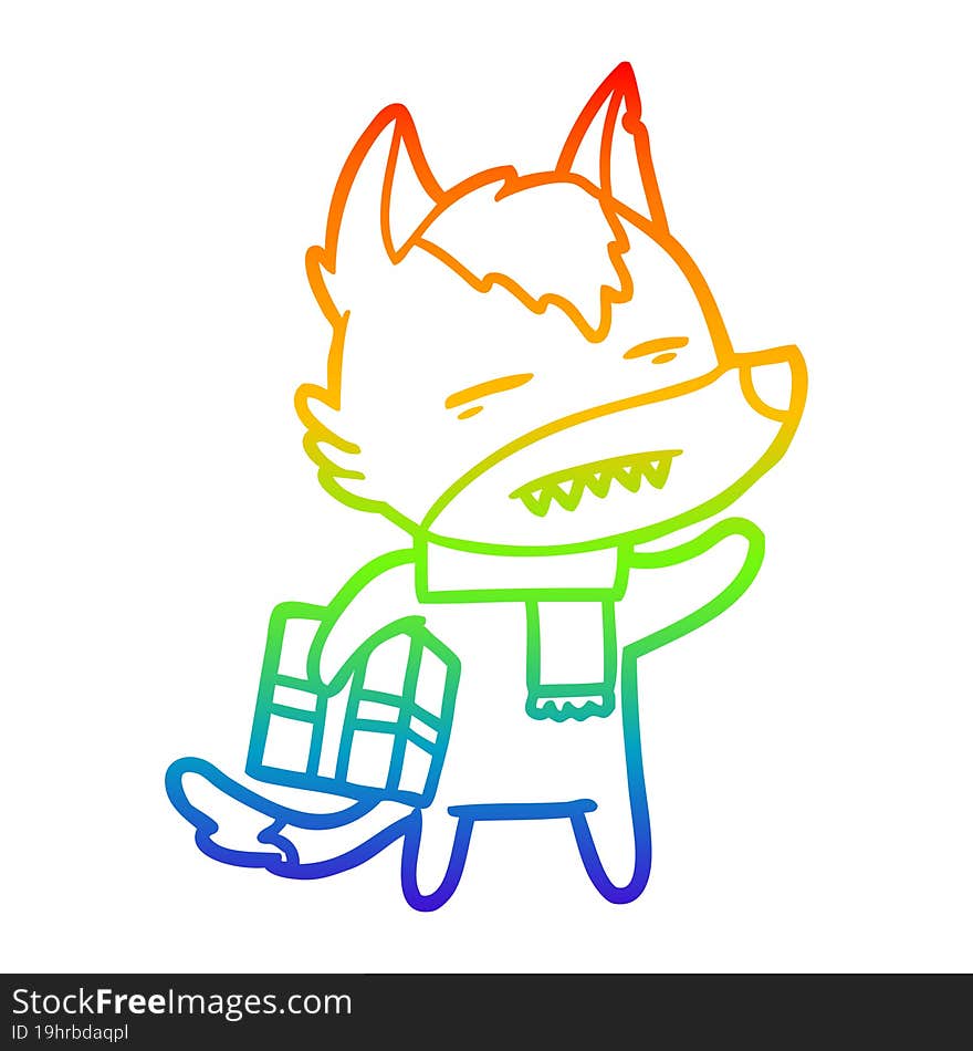 rainbow gradient line drawing cartoon wolf with a gift