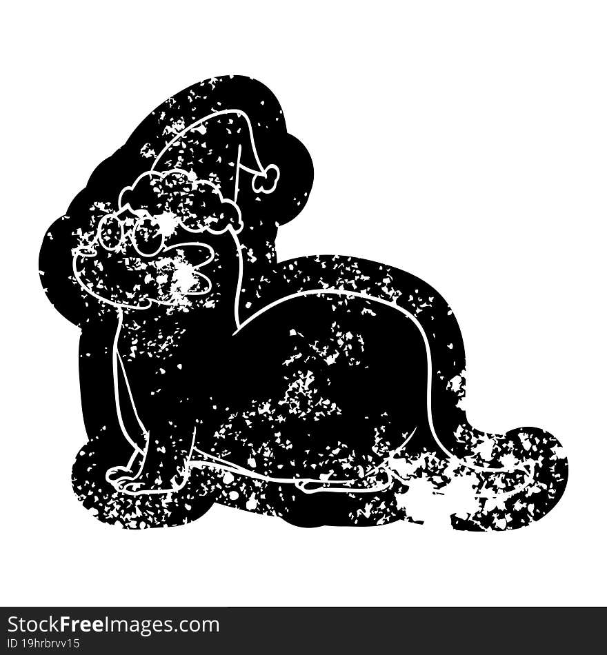 cartoon distressed icon of a otter wearing santa hat