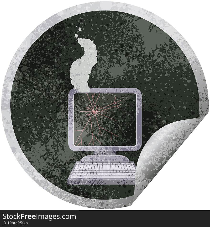 broken computer graphic vector illustration circular sticker. broken computer graphic vector illustration circular sticker