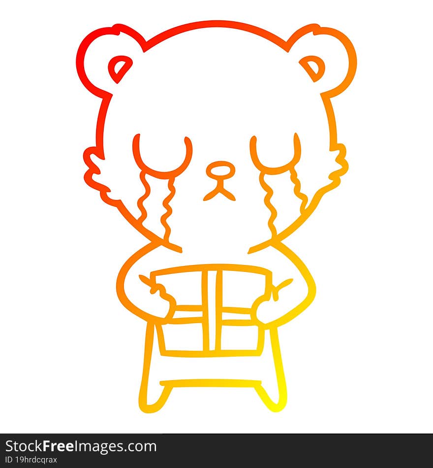 warm gradient line drawing crying cartoon bear with present