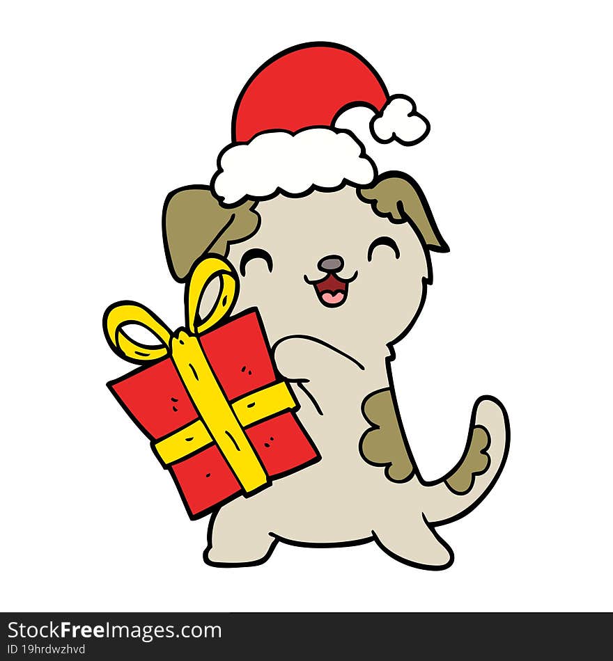 cute cartoon puppy with christmas present and hat