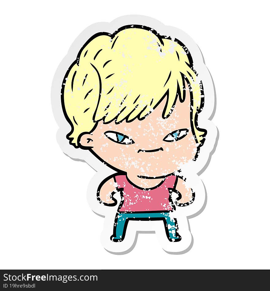 distressed sticker of a cartoon happy woman