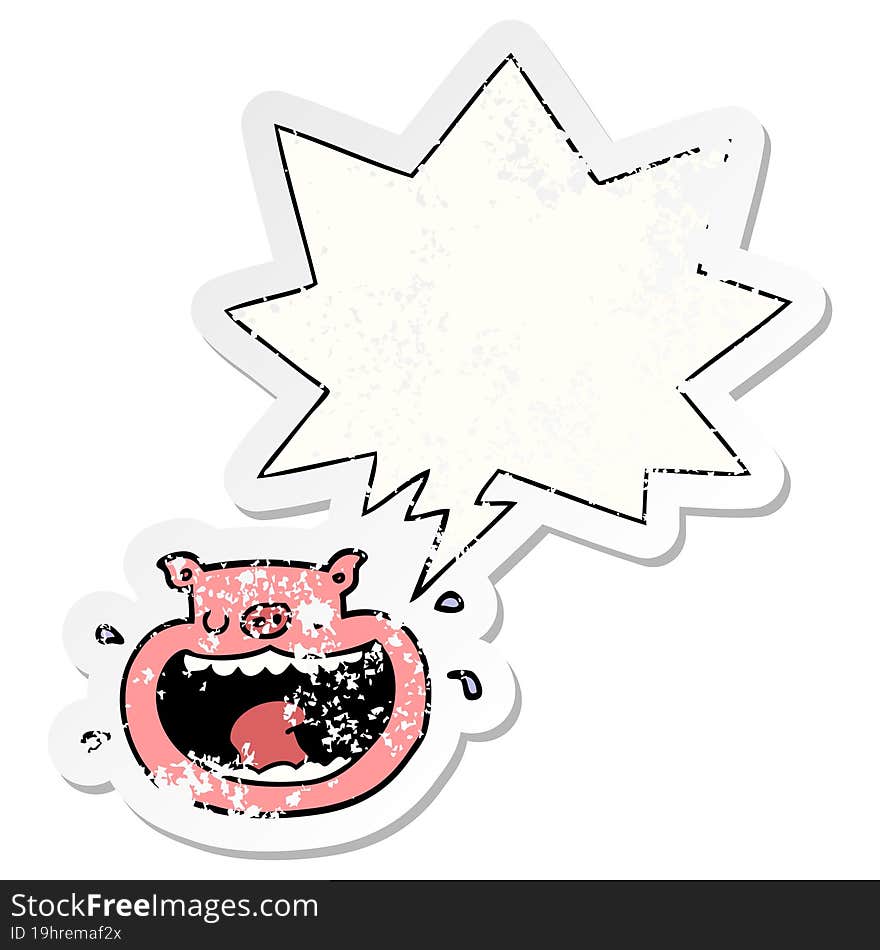 cartoon obnoxious pig and speech bubble distressed sticker