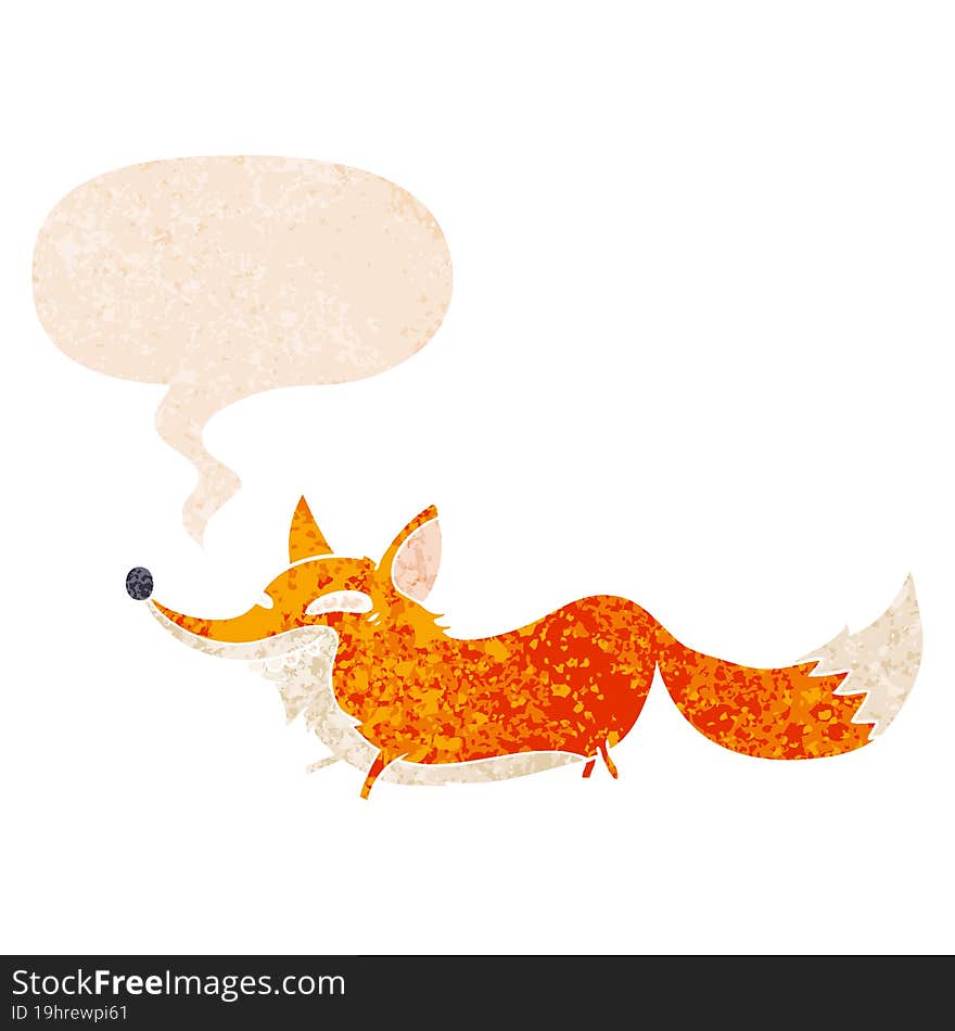 cartoon sly fox and speech bubble in retro textured style