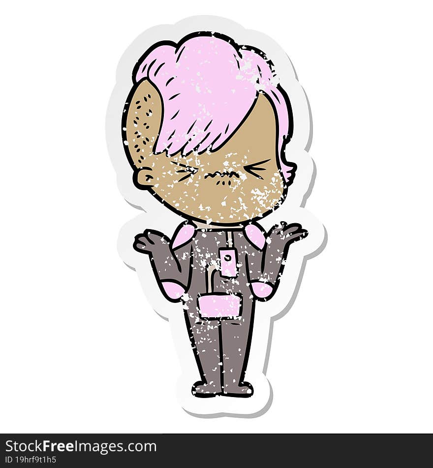 distressed sticker of a cartoon annoyed hipster girl wearing space suit