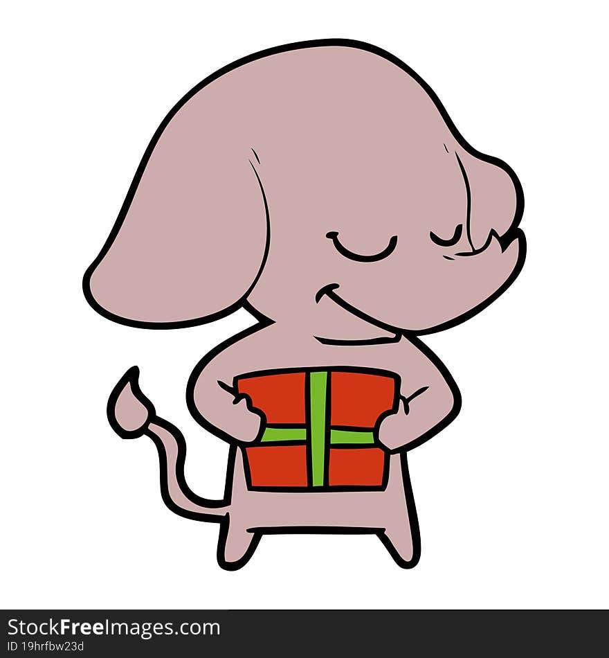 cartoon smiling elephant with present. cartoon smiling elephant with present