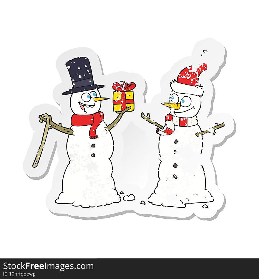 retro distressed sticker of a cartoon snowmen exchanging gifts