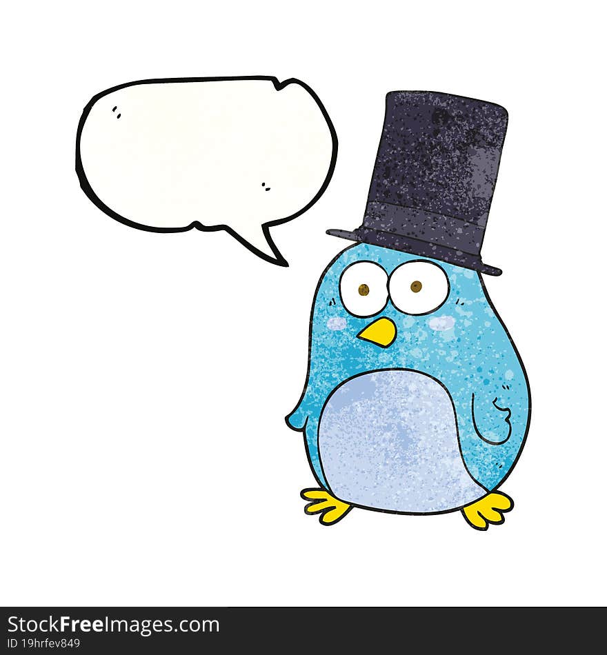 freehand speech bubble textured cartoon bird wearing top hat