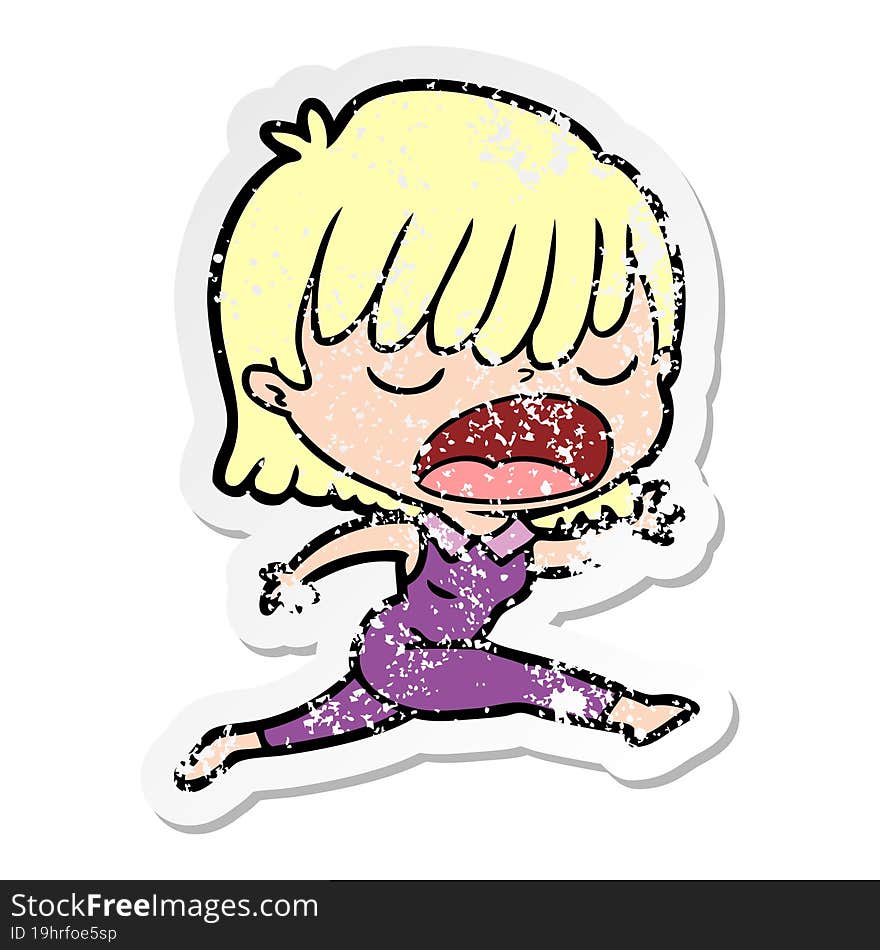 distressed sticker of a cartoon woman talking loudly