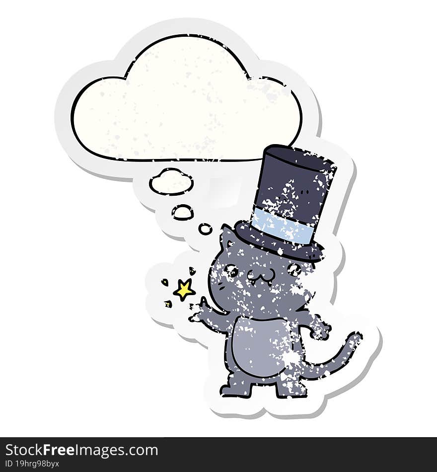 cartoon cat wearing top hat and thought bubble as a distressed worn sticker