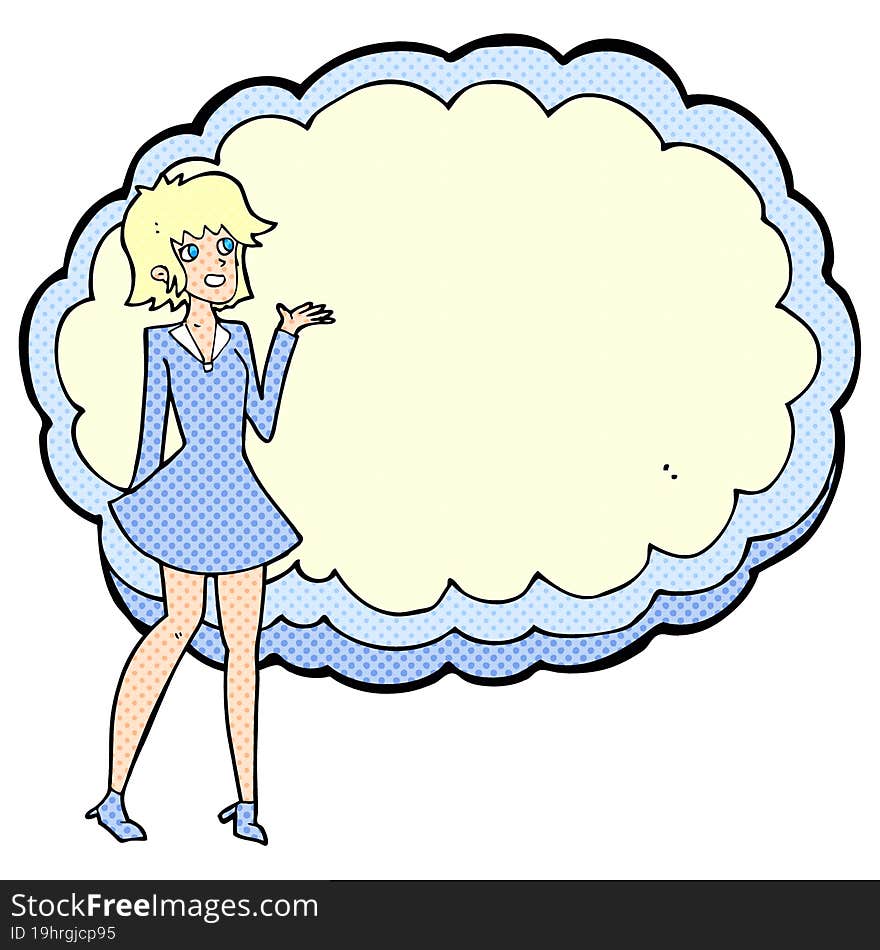 cartoon friendly woman with cloud text space