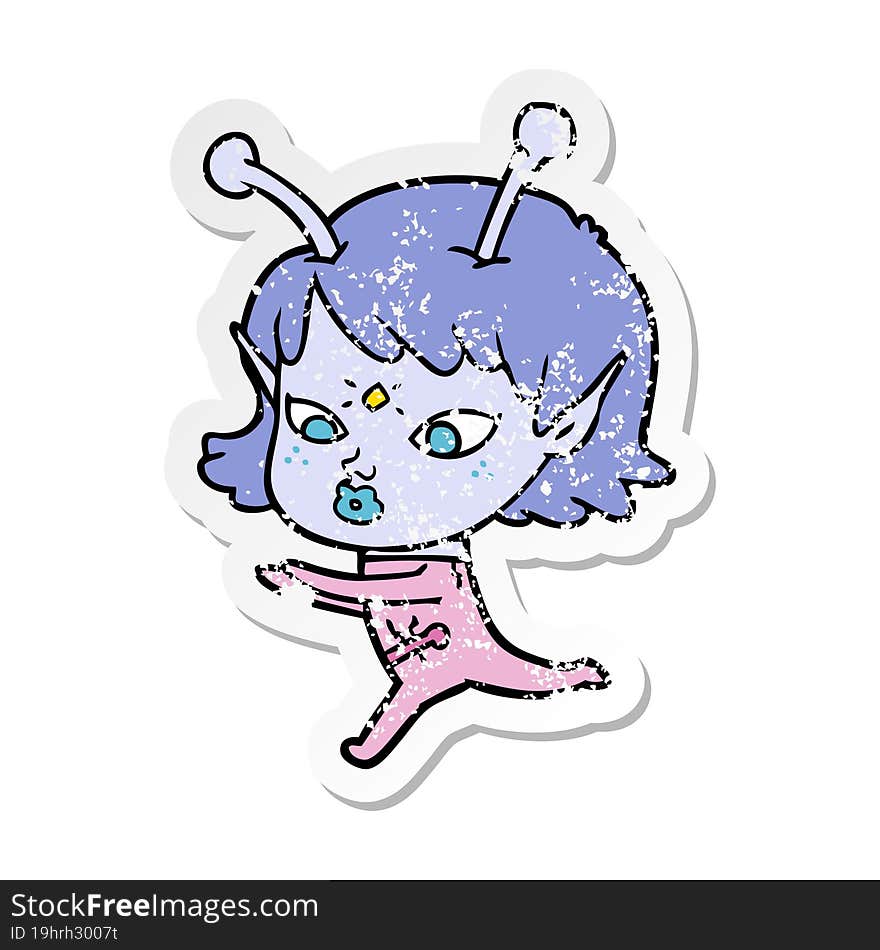 Distressed Sticker Of A Pretty Cartoon Alien Girl