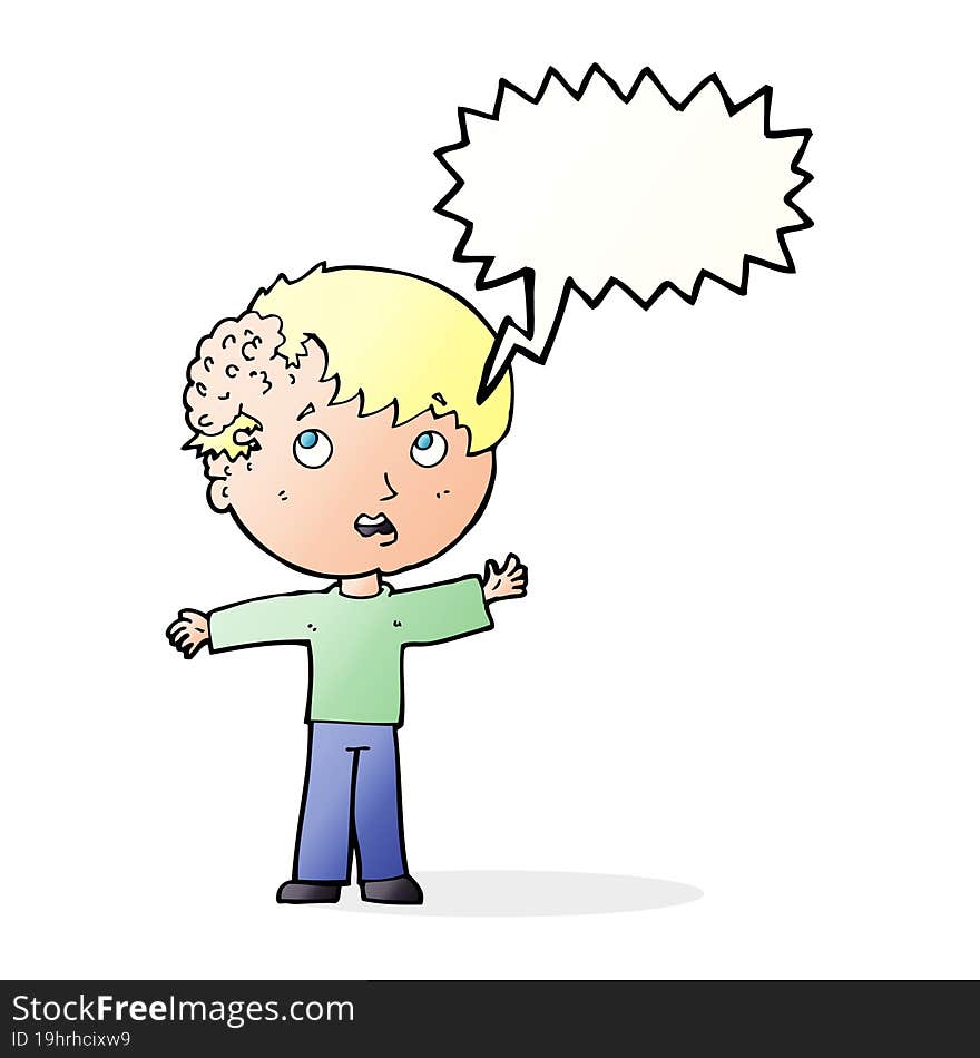 cartoon boy with growth on head with speech bubble