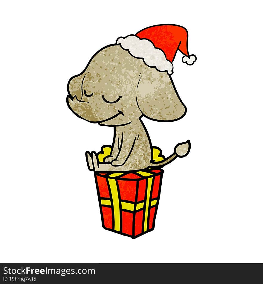 textured cartoon of a smiling elephant wearing santa hat