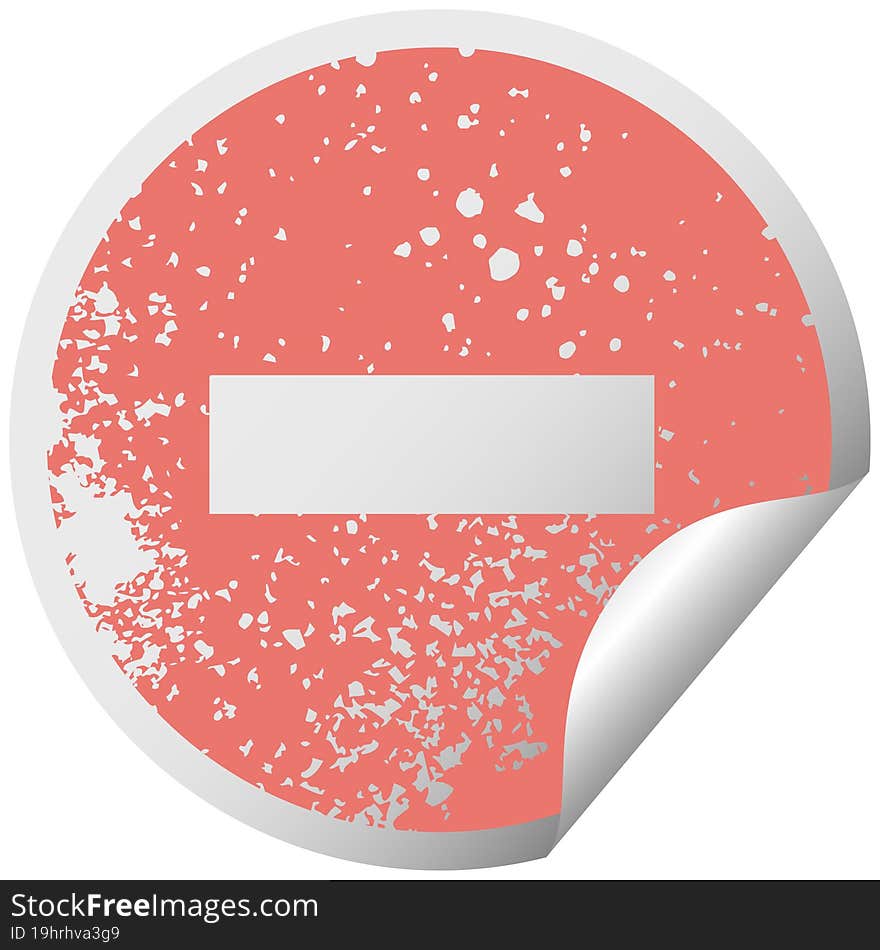 distressed circular peeling sticker symbol of a minus symbol