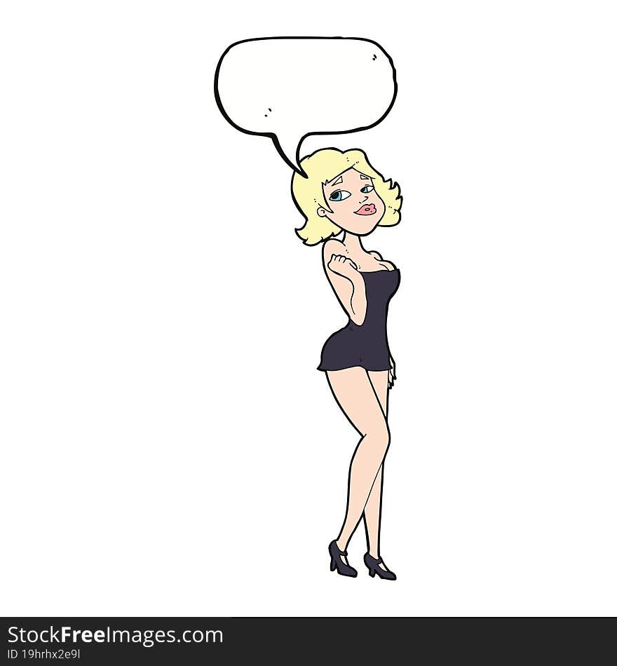 cartoon attractive woman in short dress with speech bubble