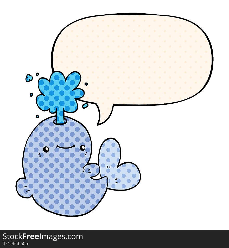 cartoon whale spouting water and speech bubble in comic book style