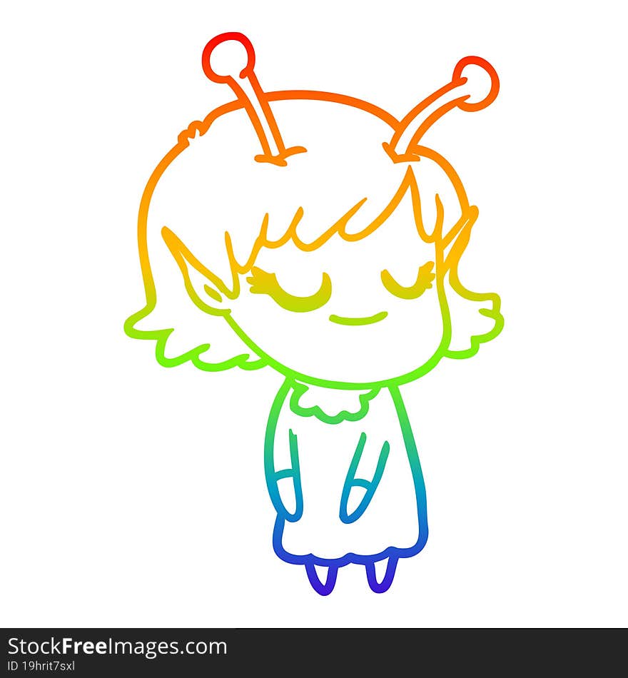 rainbow gradient line drawing smiling alien girl cartoon