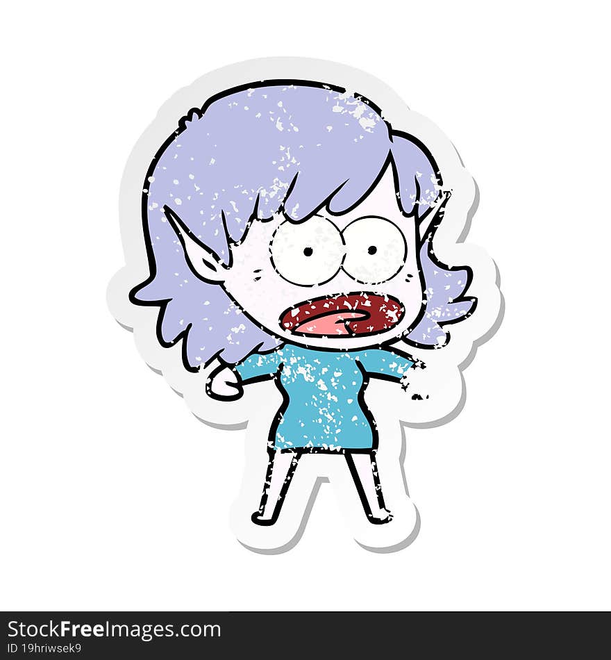 distressed sticker of a cartoon shocked elf girl