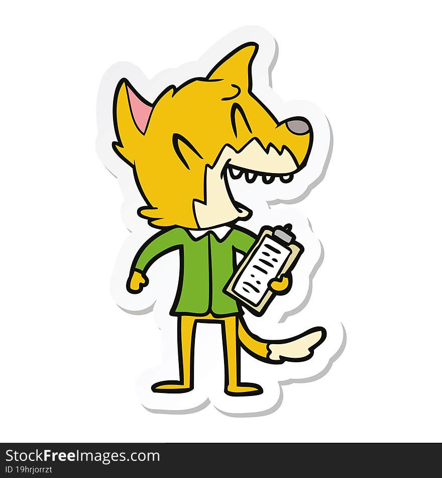 sticker of a laughing fox salesman