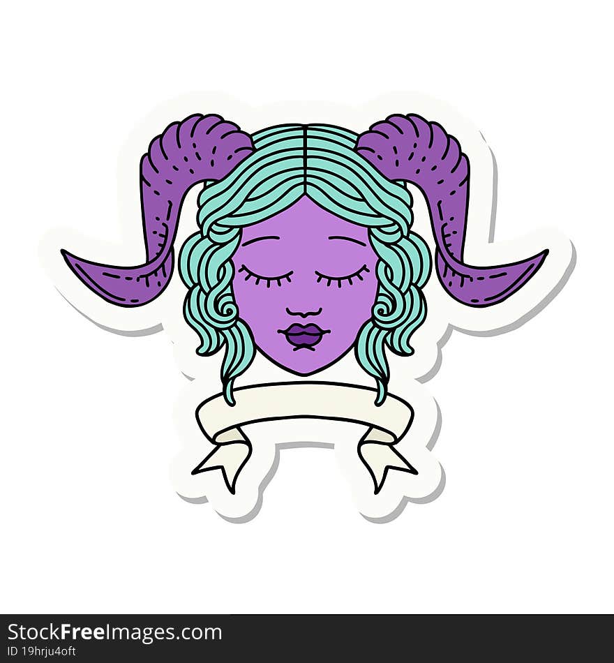 sticker of a tiefling character face with scroll banner. sticker of a tiefling character face with scroll banner