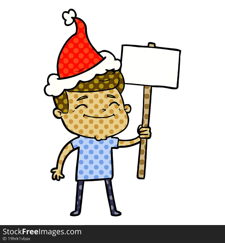 happy comic book style illustration of a man with placard wearing santa hat