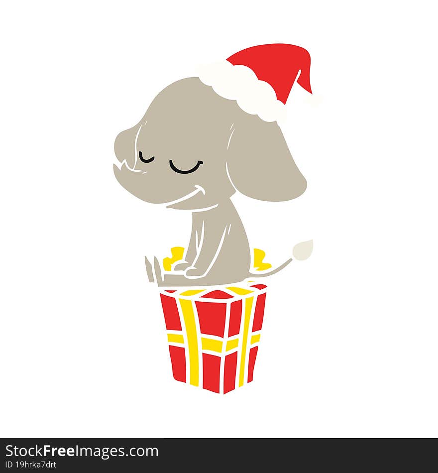 Flat Color Illustration Of A Smiling Elephant Wearing Santa Hat