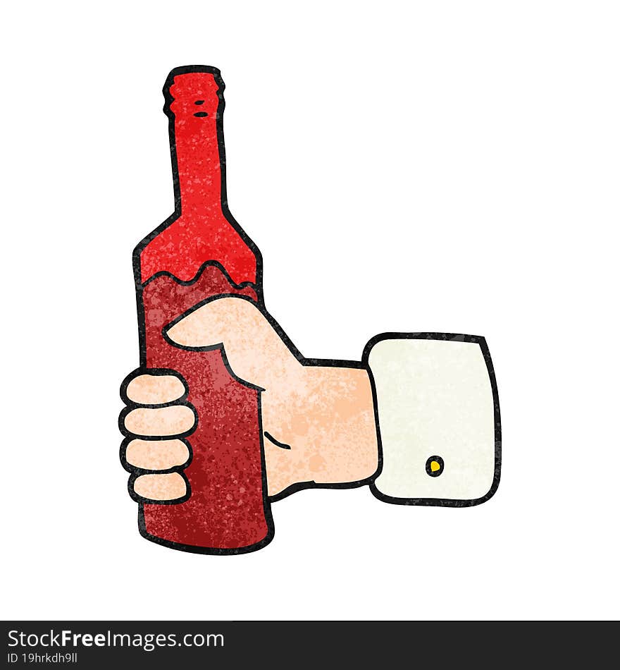 freehand textured cartoon hand holding bottle of wine