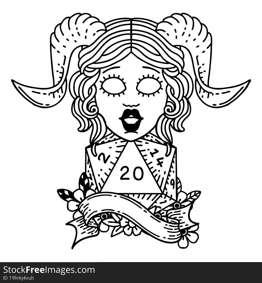 Black and White Tattoo linework Style tiefling with natural twenty dice roll. Black and White Tattoo linework Style tiefling with natural twenty dice roll