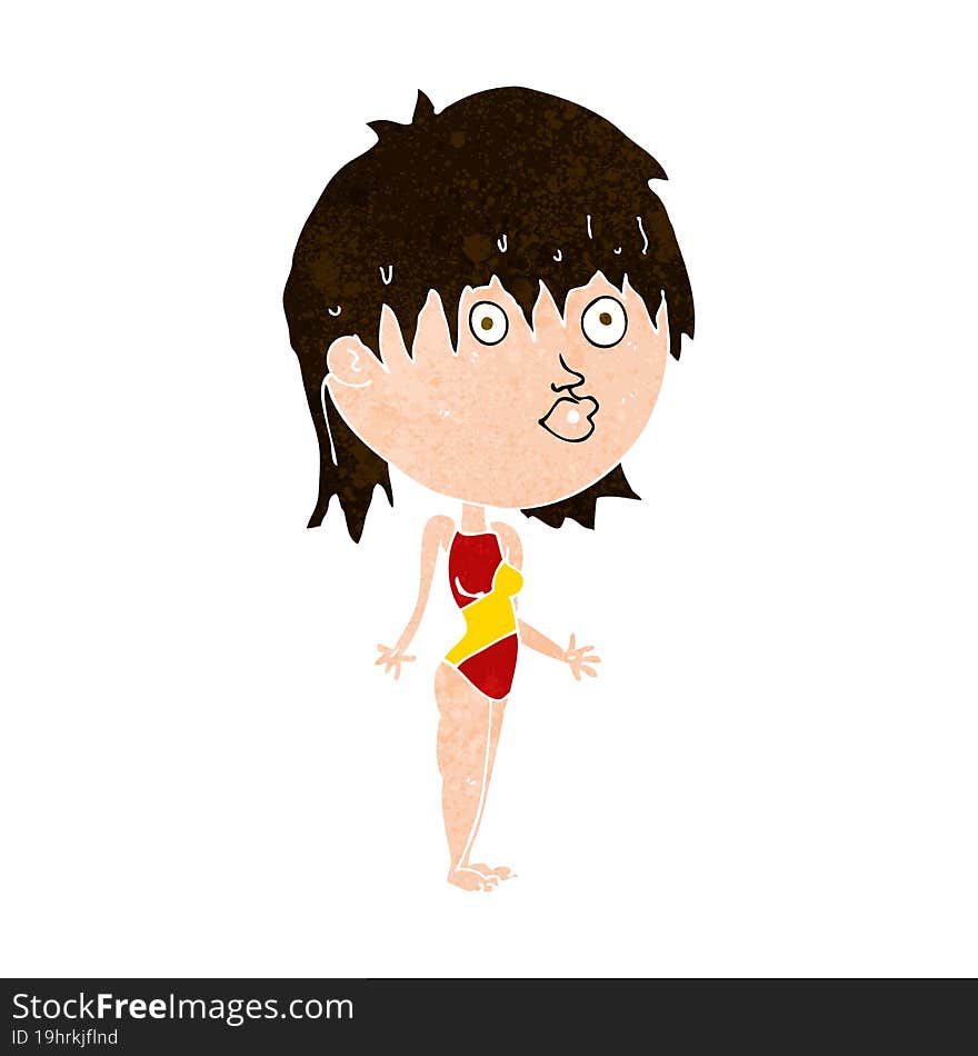 cartoon woman in swimsuit shrugging shoulders