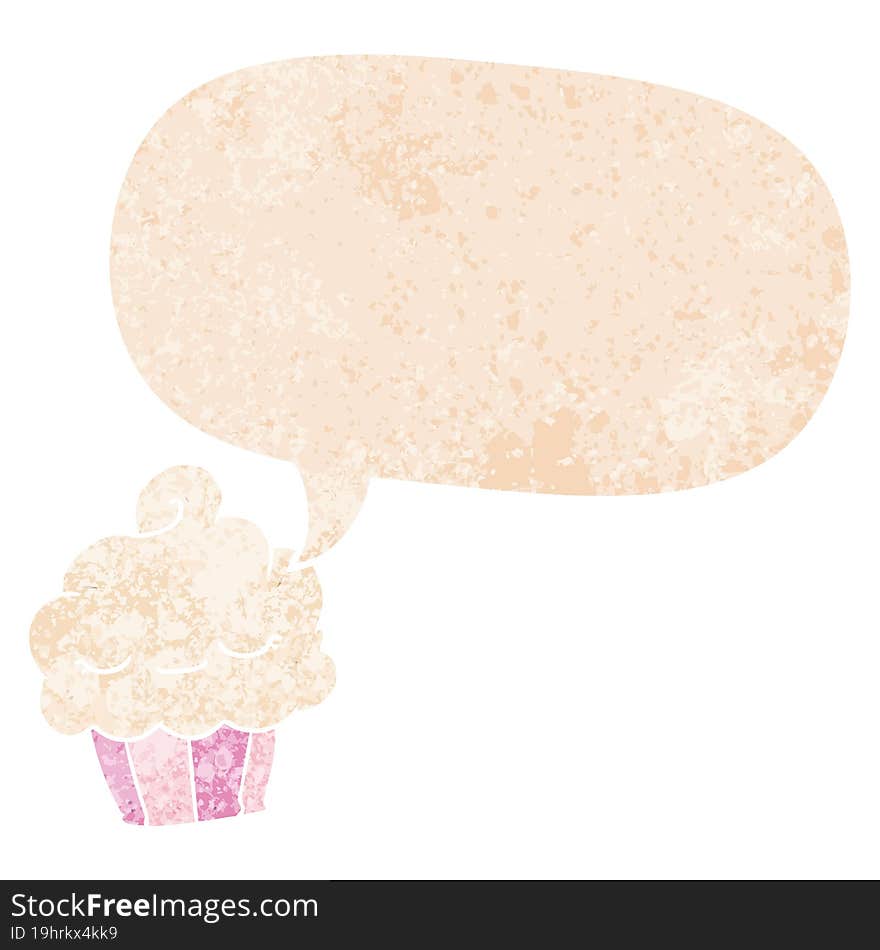 cartoon cupcake and speech bubble in retro textured style