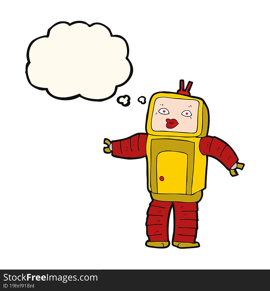 funny cartoon robot with thought bubble