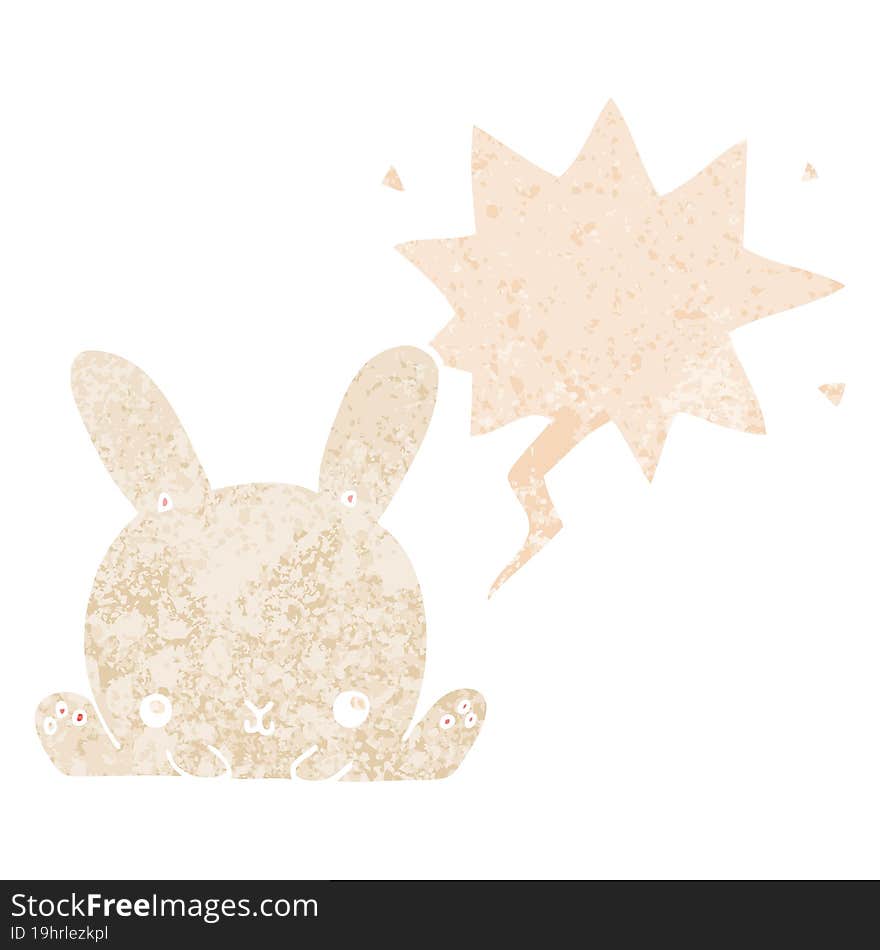 cartoon rabbit and speech bubble in retro textured style