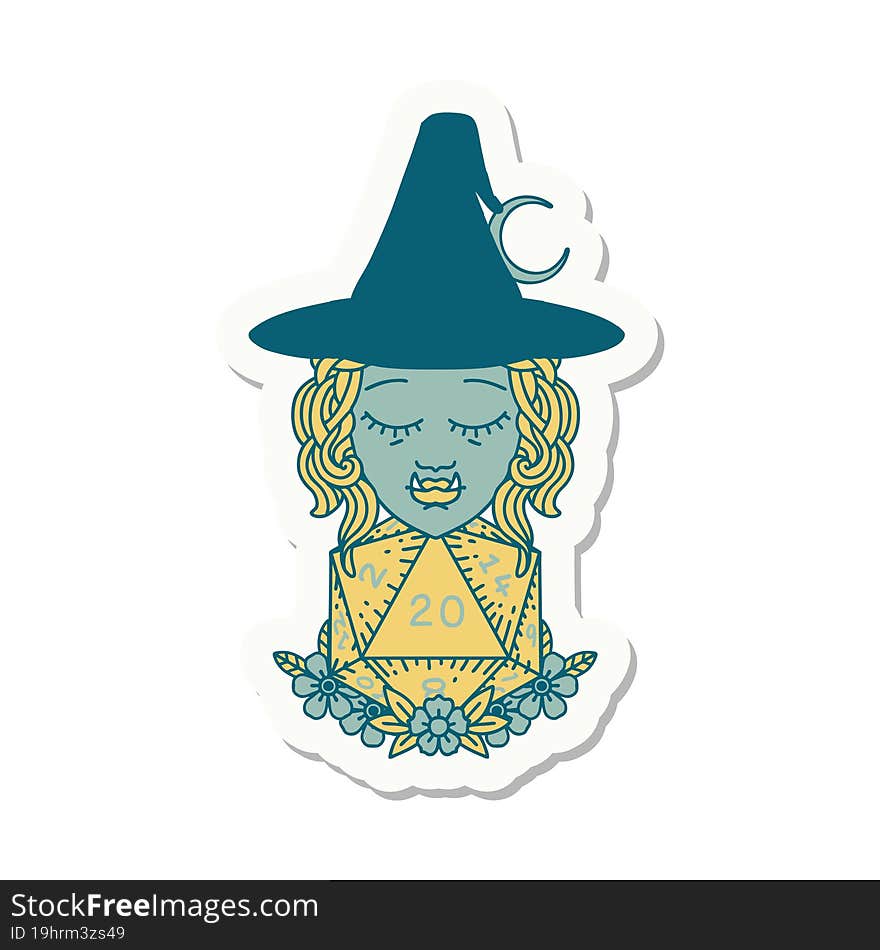 half orc wizard with natural twenty dice roll sticker